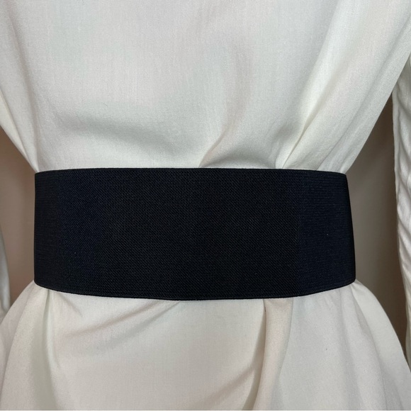 Black PU leather double circle buckle with rhinestones elastic waistband belt - Picture 4 of 11